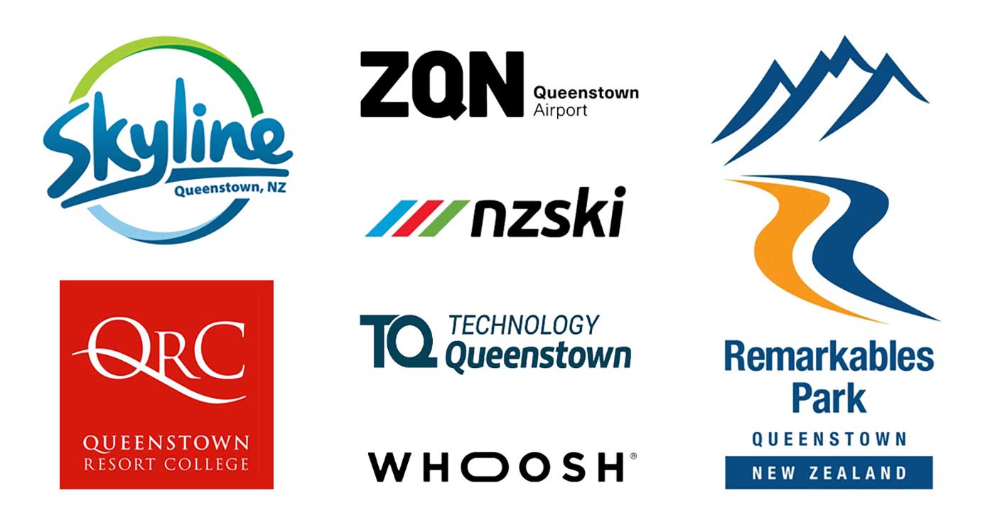 Logos of local Queenstown business leaders who are uniting to explore Whoosh - NZSki, Remarkables Park, Skyline, Queenstown Airport Corporation, Technology Queenstown, and Queenstown Resort College